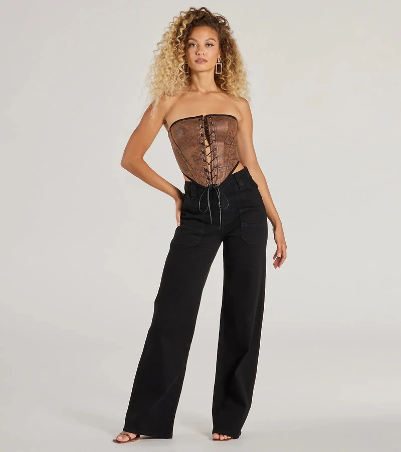 Smooth And Edgy Lace-Up Faux Suede Corset Top