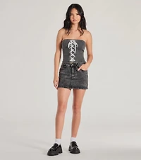 Impressed Much Strapless Lace-Up Denim Crop Top