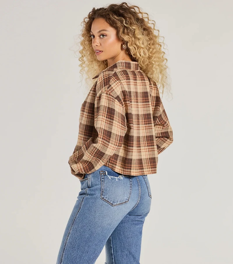 Casual Act Button-Up Plaid Crop Top