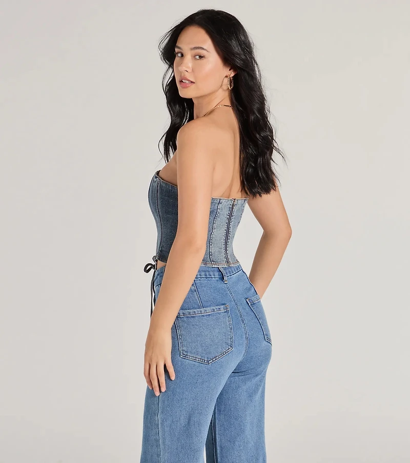 Trendy Style Lace-Up Denim Corset Top