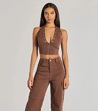 Absolute Edge Halter Grommet Zip-Up Crop Top