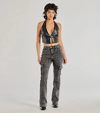 Sultry Muse Buckle Strap Faux Leather Crop Top