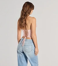 All The Feels Halter Lace-Up Floral Satin Corset Top