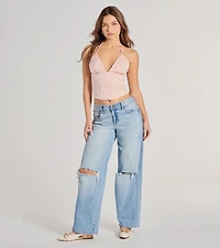 All The Feels Halter Lace-Up Floral Satin Corset Top