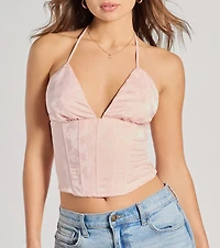 All The Feels Halter Lace-Up Floral Satin Corset Top