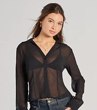 Sheer To Be Seen Smocked Back Chiffon Button Top