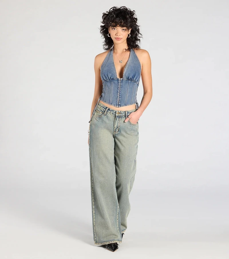 The New Classic Halter Lace-Up Denim Corset Top