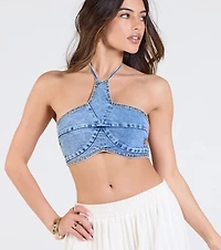 Western Star Halter Studded Denim Crop Top