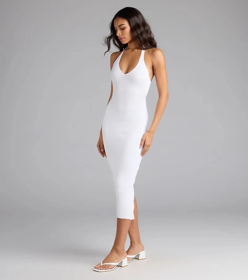 Curve Avenue Halter V-Neck Bodycon Midi Dress