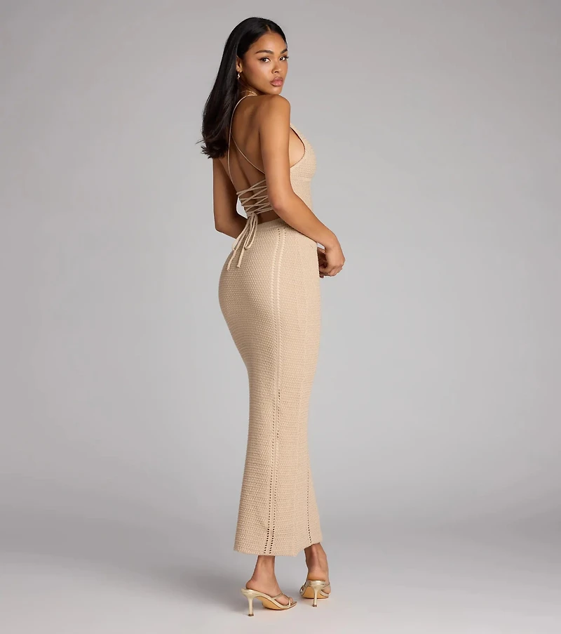 Beach Goddess Crochet Lace-Up Maxi Dress