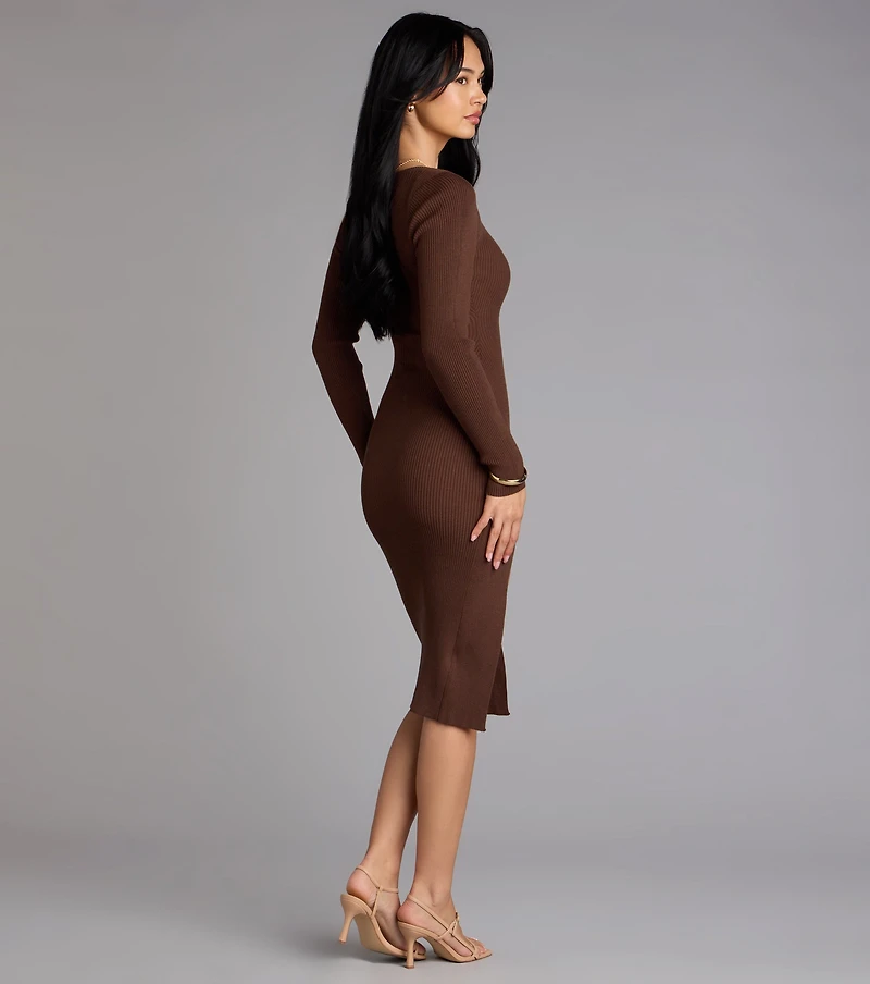 Sleek Essential Ribbed Knit High Slit Midi Dress