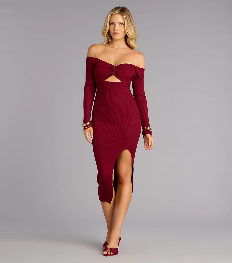 Chic Attitude Ribbed Knit Off-The-Shoulder Midi Dress