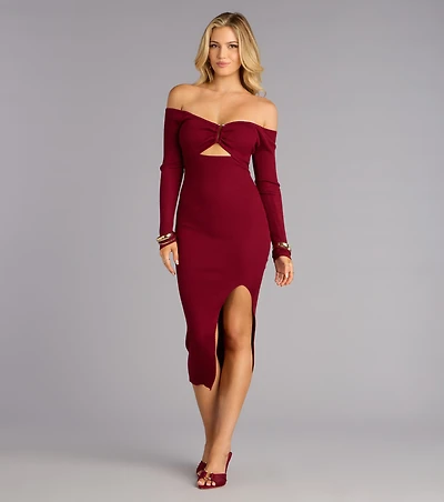 Chic Attitude Ribbed Knit Off-The-Shoulder Midi Dress