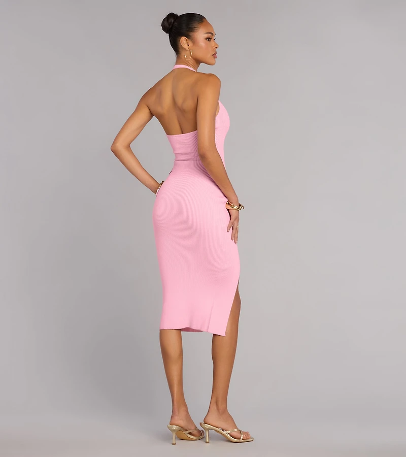 Late Dinner Plans Halter Slit Midi Dress