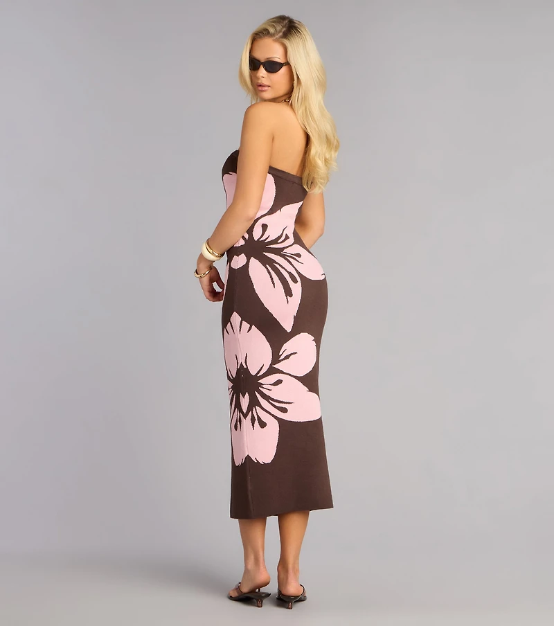 Bold Bloom Floral Knit Midi Tube Dress