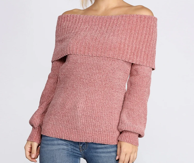 Chic Off The Shoulder Chenille Sweater