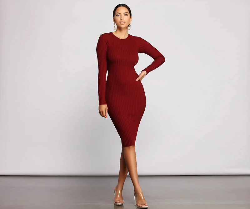 Trendy Twist Back Ribbed Knit Midi Sweater Dress