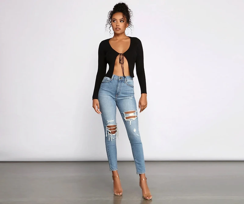 Basic Ribbed Knit Tie-Front Cardigan