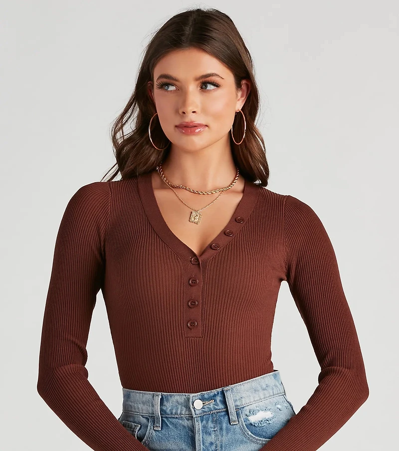 Button A Serious Note Rib Bodysuit