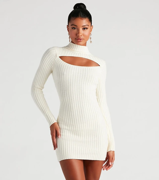 sweater dress windsor Winter Bliss Cutout Windsor Black Long Sleeve Ribbed Sweater Dress With Tie Belt womens sweater dress
