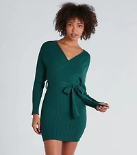 Ribbed Knit Tie-Front Mini Sweater Dress