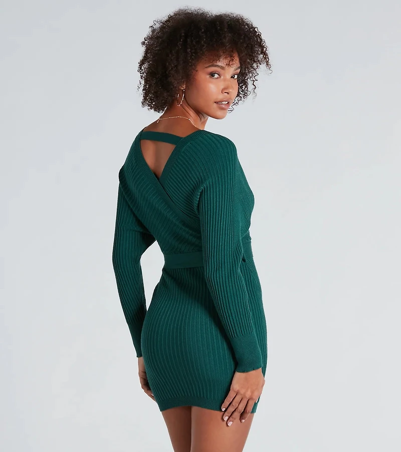 Ribbed Knit Tie-Front Mini Sweater Dress