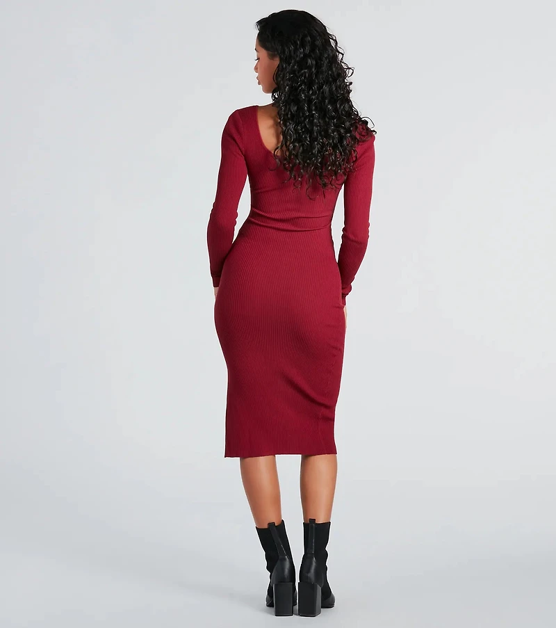 Stylish Snap Button Sweater Midi Dress