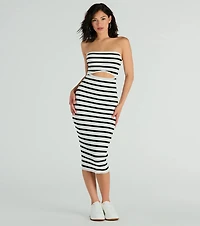 Babe Stripes Strapless Cutout Ribbed Knit Midi Dress