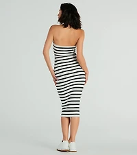 Babe Stripes Strapless Cutout Ribbed Knit Midi Dress