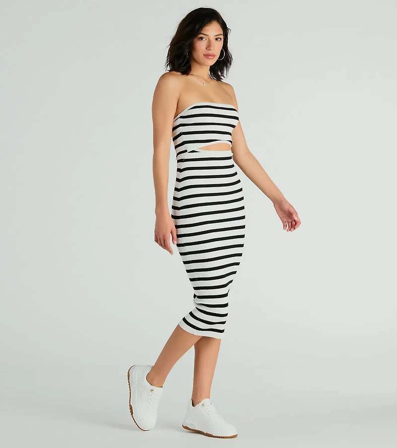 Babe Stripes Strapless Cutout Ribbed Knit Midi Dress