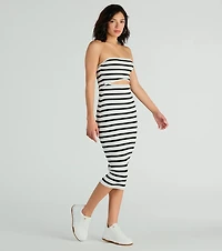 Babe Stripes Strapless Cutout Ribbed Knit Midi Dress