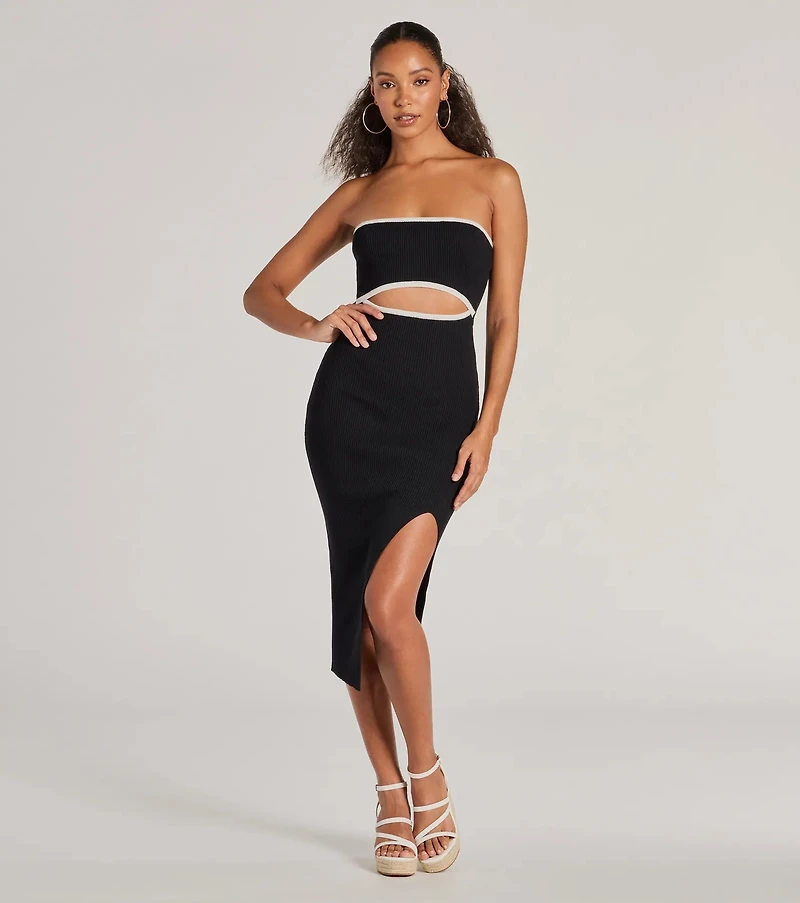 Leaving Impressions Strapless Ribbed Knit Midi Dress