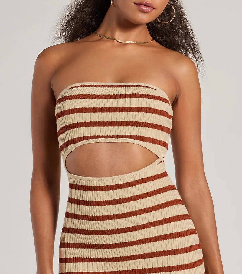 Babe Stripes Strapless Cutout Ribbed Knit Midi Dress