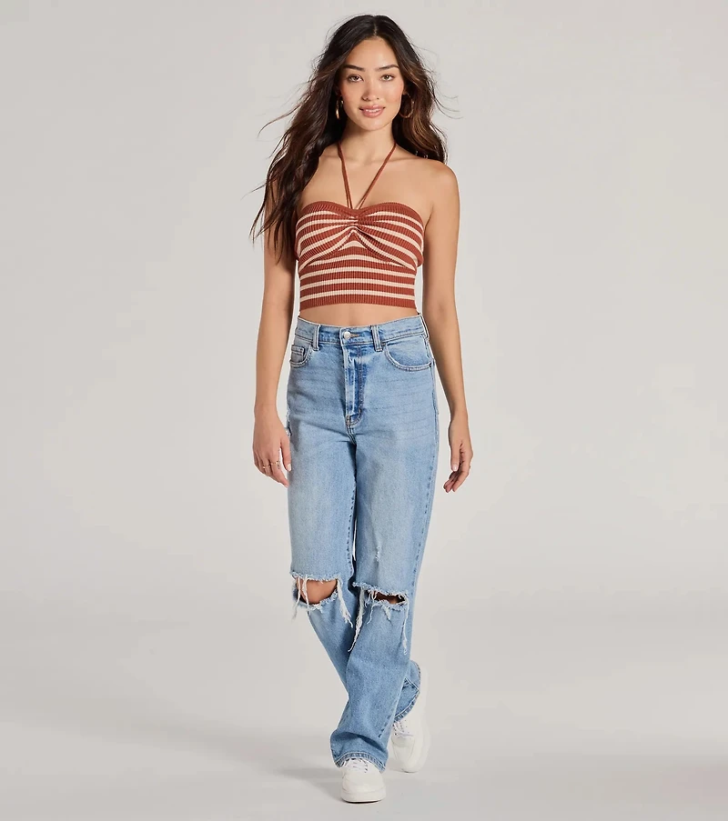 Trendy Stripes Halter Rib Knit Crop Top