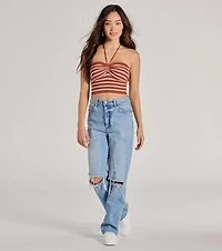 Trendy Stripes Halter Rib Knit Crop Top