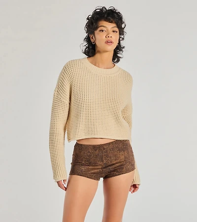 Coziest Style Waffle Knit Crew Neck Sweater