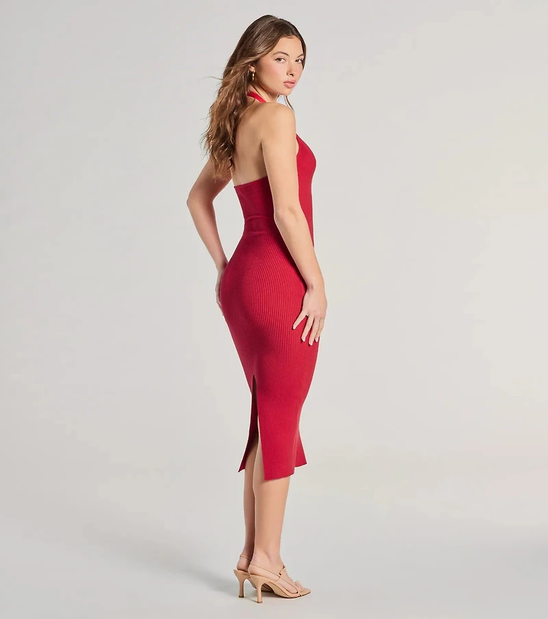 Curve Avenue Halter V-Neck Bodycon Midi Dress