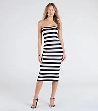 Chic Charm Striped Knit Strapless Midi Dress