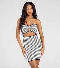 Easily Stunning Strapless Cutout Striped Mini Dress