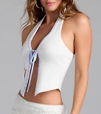 Hidden Gem Lace-Up Halter Crop Top
