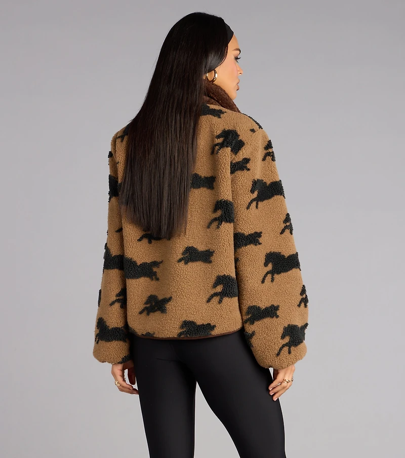 Wild Spirit Horse Print Faux Sherpa Jacket