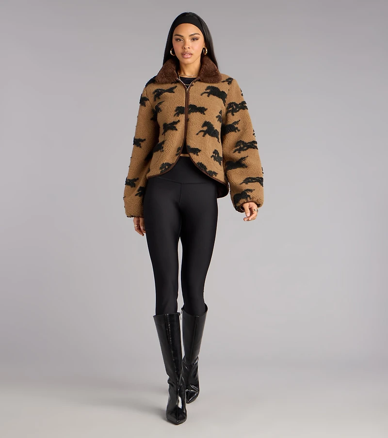 Wild Spirit Horse Print Faux Sherpa Jacket