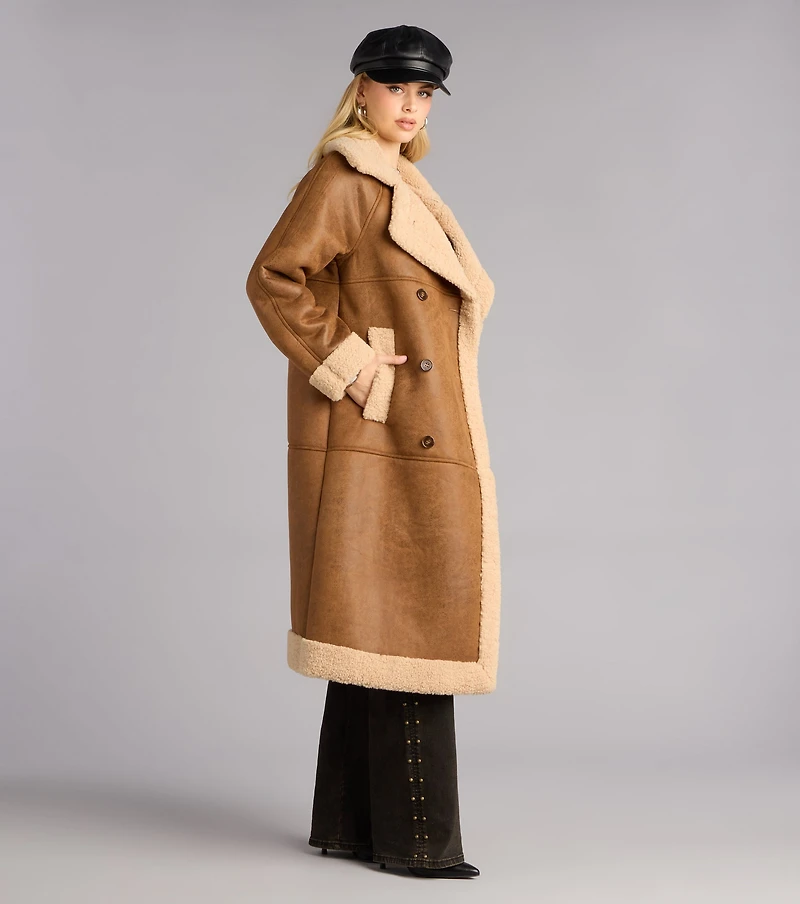 Cozy The City Faux Sherpa Shearling Trench Coat