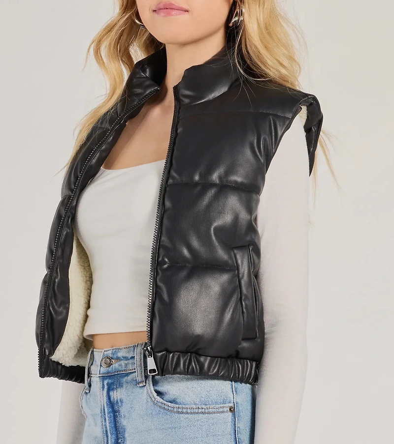 Cuddle Glam Faux Leather Sherpa Lined Puffer Vest