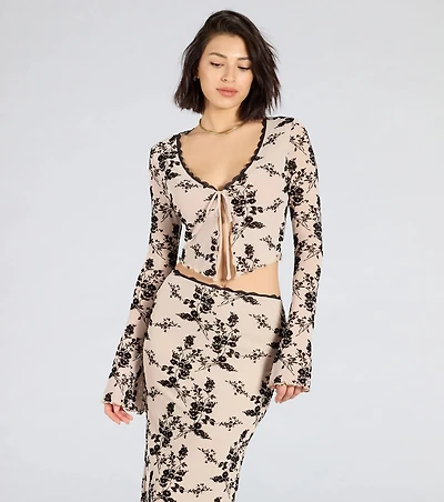 Flirt Alert Flocked Floral Mesh Tie-Front Top