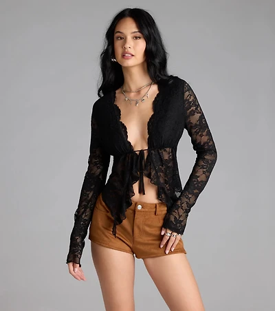 Delicate Flair Floral Lace Tie-Front Top