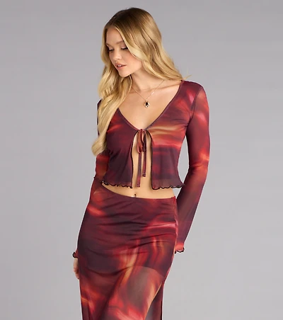 Sunset Glow Abstract Print Tie-Front Top