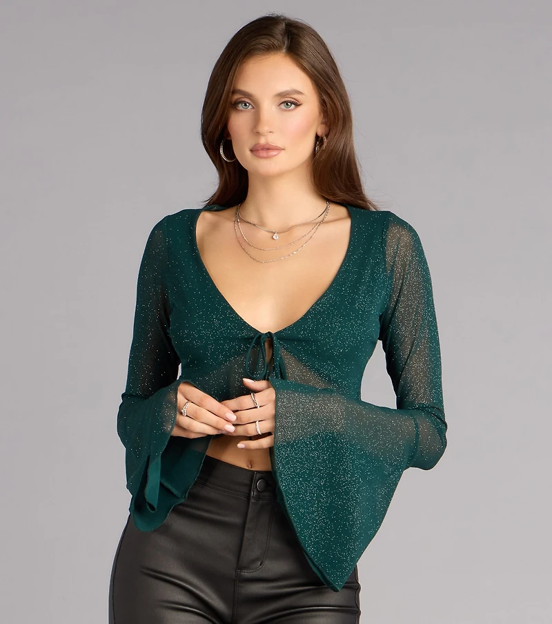 Flirty Glam Glitter Mesh Tie-Front Top