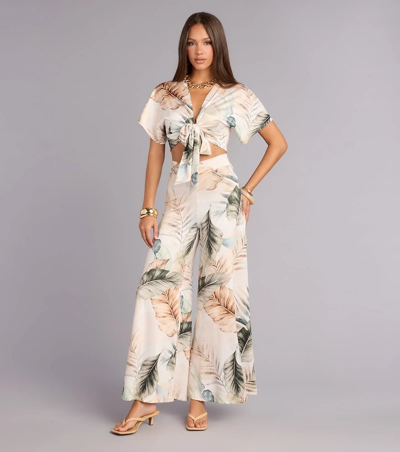 Getaway Mode Tropical Print Tie-Front Top