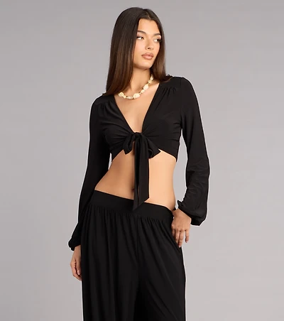 Weekend Mood Long Sleeve Tie-Front Crop Top